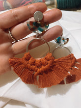Load image into Gallery viewer, 100% cotton, macrame, gold/silver earrings, tortoise shell resin, statement earrings 
