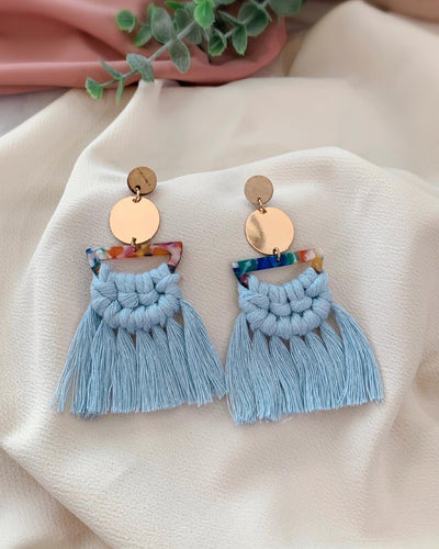 100% cotton, macrame, gold/silver, wood, tortoise shell resin, statement earrings