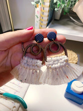 Load image into Gallery viewer, 100% cotton, macrame, gold/silver earrings, clay, wood, statement earrings
