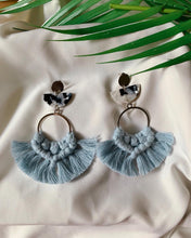 Load image into Gallery viewer, 100% cotton, macrame, gold/silver earrings, tortoise shell resin, statement earrings 
