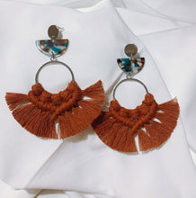 Load image into Gallery viewer, 100% cotton, macrame, gold/silver earrings, tortoise shell resin, statement earrings 
