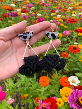 Load image into Gallery viewer, 100% cotton, macrame, gold/silver earrings, tortoise shell resin, statement earrings 
