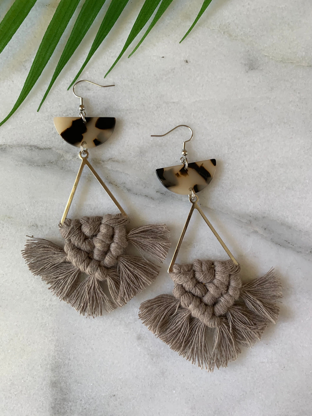 100% cotton, macrame, gold/silver earrings, tortoise shell resin, statement earrings