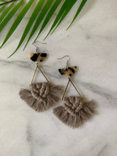 Load image into Gallery viewer, 100% cotton, macrame, gold/silver earrings, tortoise shell resin, statement earrings
